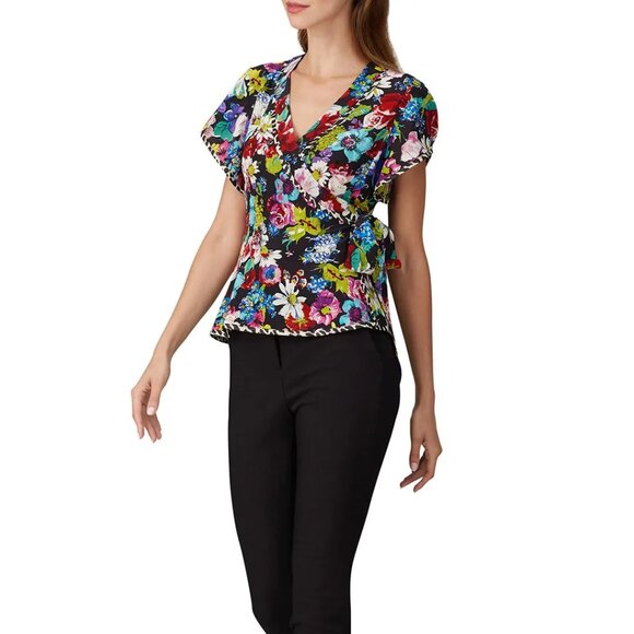 Nanette Lepore Black Multicolor Floral Boquet Wrap Top 6 - Picture 1 of 6